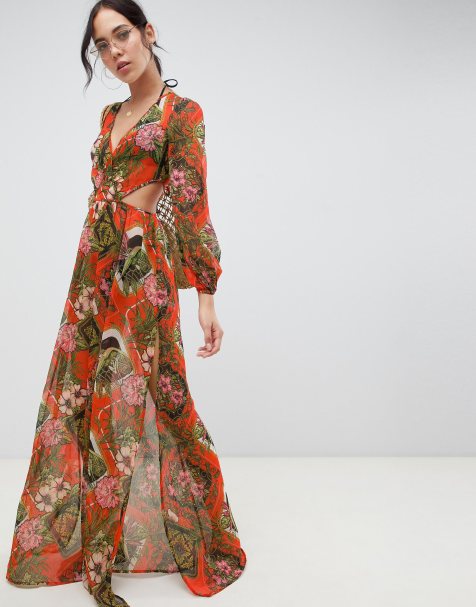 ASOS DESIGN Tall glam long sleeve chiffon beach maxi in red tropical baroque print