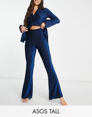 ASOS DESIGN Tall glitter shirt & trouser pyjama set in blue