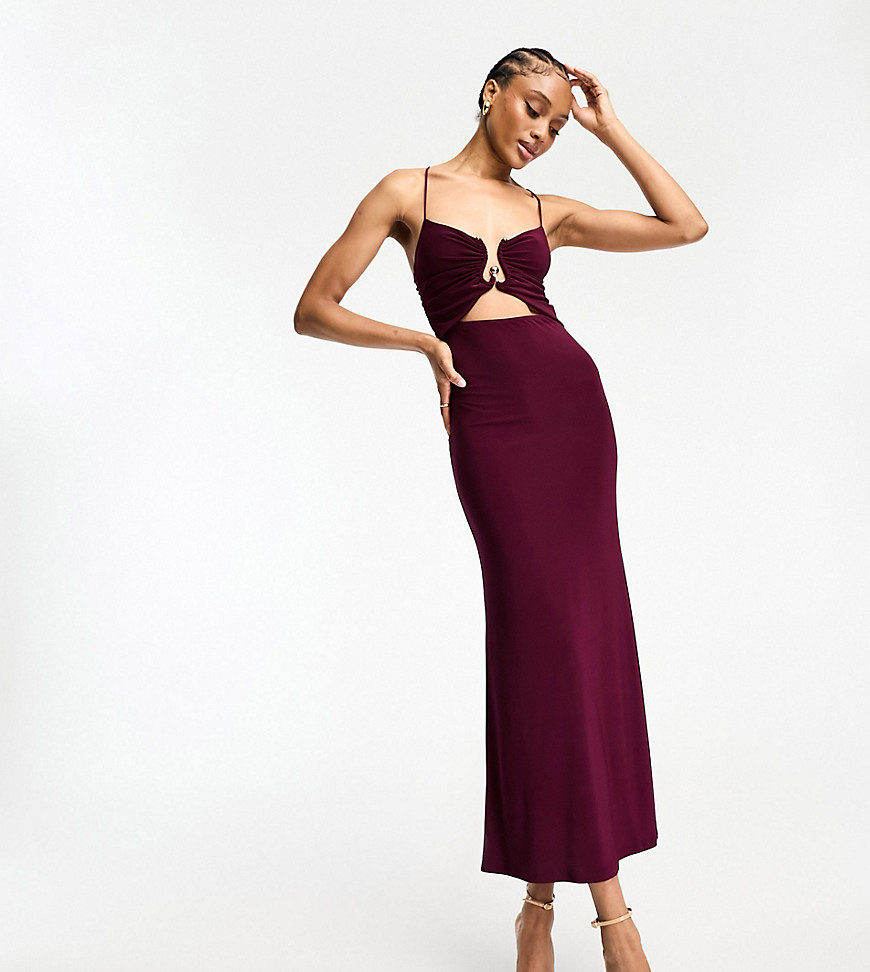 ASOS DESIGN Tall gold trim cut out cami midi dress in plum-Purple