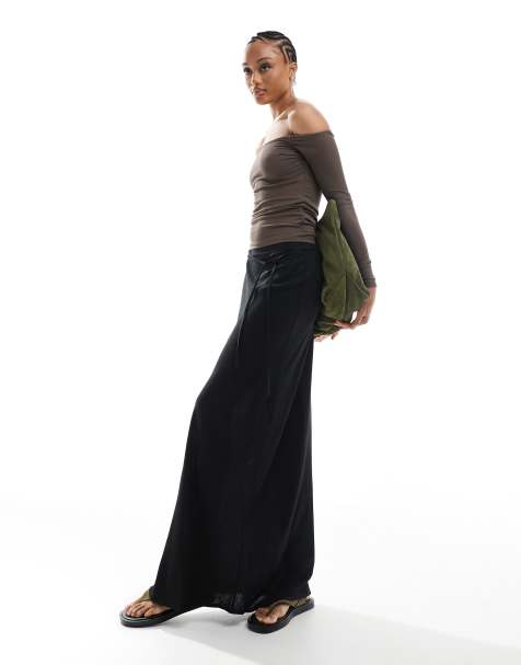 ASOS DESIGN Tall - Gonna lunga in misto lino nera con taglio sbieco - view 1