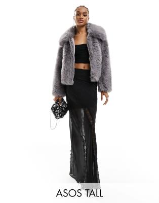 ASOS DESIGN Tall - Gonna lunga trasparente nera con inserti in pizzo e taglio sbieco