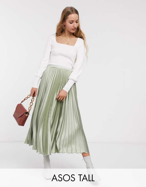 ASOS DESIGN Tall - Gonna midi a pieghe in raso verde