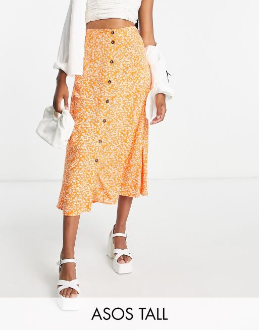 ASOS DESIGN Tall - Gonna midi con tasche e bottoni arancione a fiori