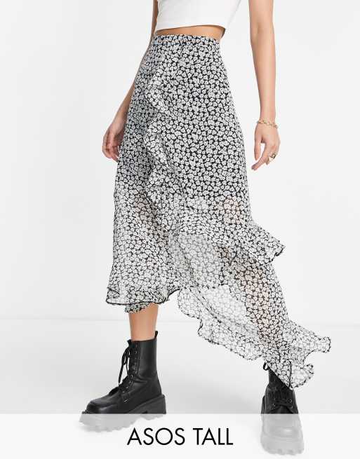 ASOS DESIGN Tall - Gonna midi con volant e stampa a fiori monocromatica