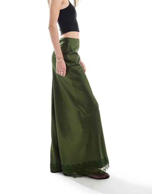 ASOS DESIGN Tall - Gonna midi in raso kaki con finiture in pizzo, 2 di 5