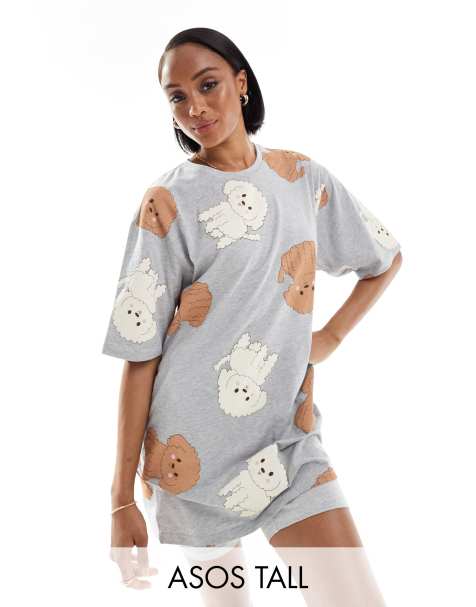 ASOS DESIGN Tall – Gråmelerad pyjamas med t-shirt och leggingsshorts med hundtryck - view 1