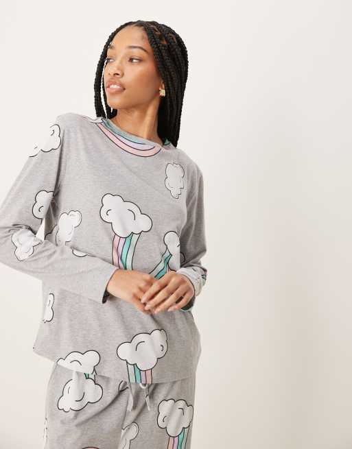 ASOS DESIGN Tall – Gråmelerad, regnbågsmönstrad pyjamas med långärmad topp och byxor