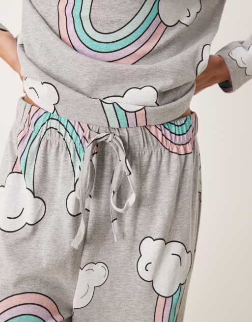 ASOS DESIGN Tall – Gråmelerad, regnbågsmönstrad pyjamas med långärmad topp och byxor, 3 av 4