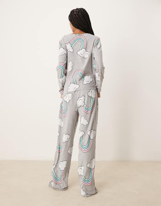 ASOS DESIGN Tall – Gråmelerad, regnbågsmönstrad pyjamas med långärmad topp och byxor, 4 av 4