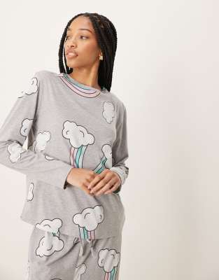ASOS DESIGN Tall - Gråmeleret pyjamassæt med langærmet top og bukser med regnbueprint - view 1