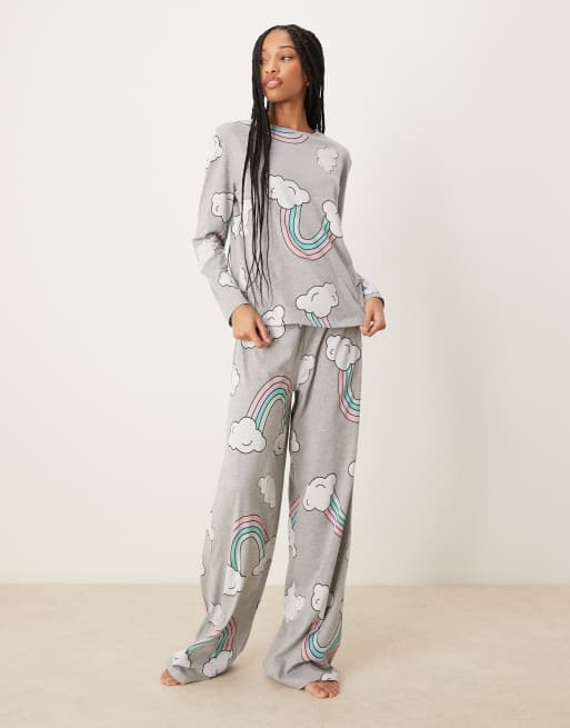 ASOS DESIGN Tall - Gråmeleret pyjamassæt med langærmet top og bukser med regnbueprint, 2 af 4