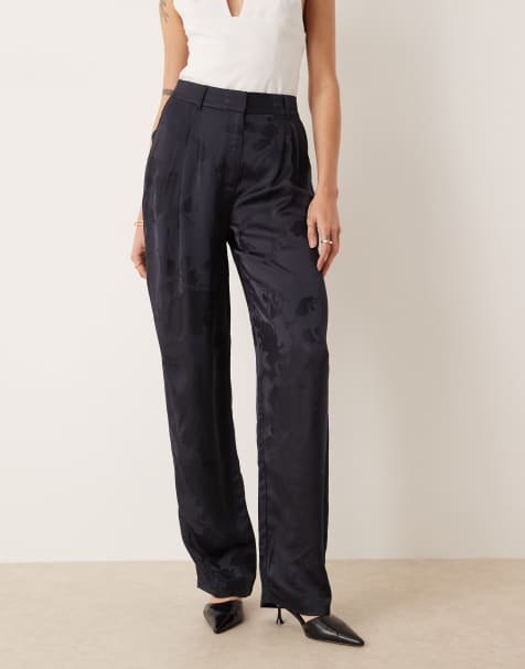 ASOS DESIGN Tall – Granatowe eleganckie spodnie z prostymi nogawkami i podwyższonym stanem z satynowego żakardu - view 1