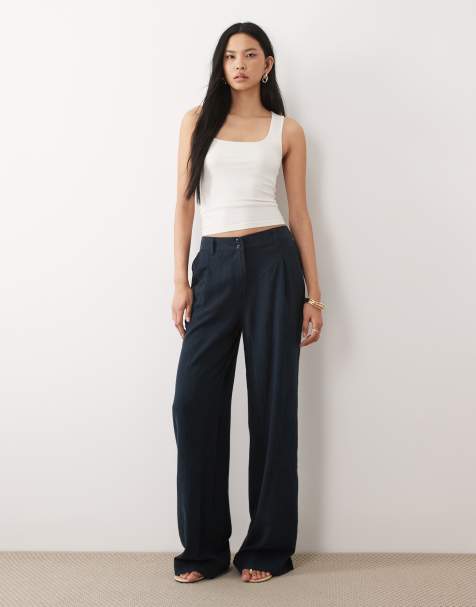 ASOS DESIGN Tall – Granatowe spodnie z imitacji lnu z szerokimi nogawkami i zakładkami - view 1