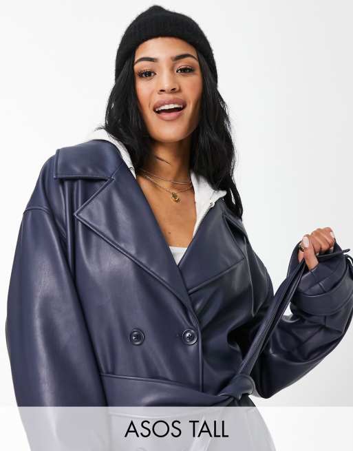 ASOS DESIGN Tall – Granatowy trencz oversize z imitacji skóry