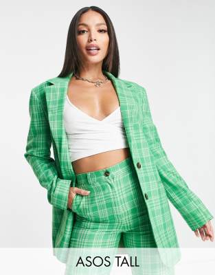 Asos Tall Asos Design Tall Grandad Suit Blazer In Green Check