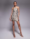 [ASOS Tall] ASOS DESIGN Tall grid embellished halter mini dress in gunmetal-Silver 8 Gunmetal