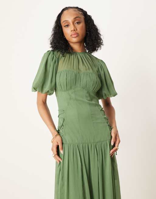 ASOS DESIGN Tall - Grøn midaxi-kjole med pufærmer i chiffon, 3 af 4