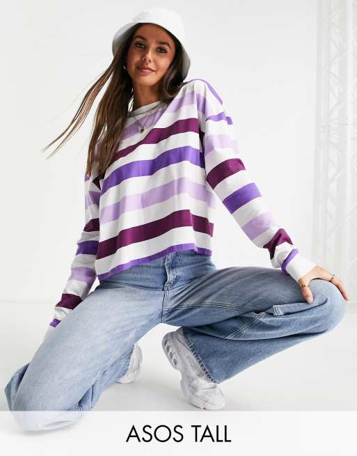 ASOS DESIGN Tall – Gruby fioletowy T-shirt oversize z długimi rękawami i wzorem w paski