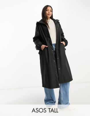 ASOS DESIGN Tall - Gummierter Parka in Schwarz-Black