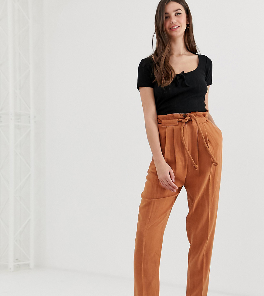 ASOS DESIGN Tall gutsy linen tapered trousers with rope belt-Brown