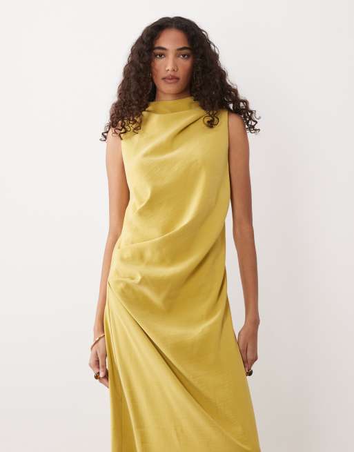 ASOS DESIGN Tall - Gylden olivengrøn løstsiddende maxikjole med søjlesnit og hoftedetalje, 2 af 4