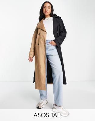 Asos Tall Asos Design Tall Half And Half Trench Coat In Black And Stone ...