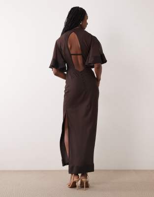 Asos Tall Asos Design Tall Half Wide Sleeve Column Chiffon And Satin Contrast Dress In Brown