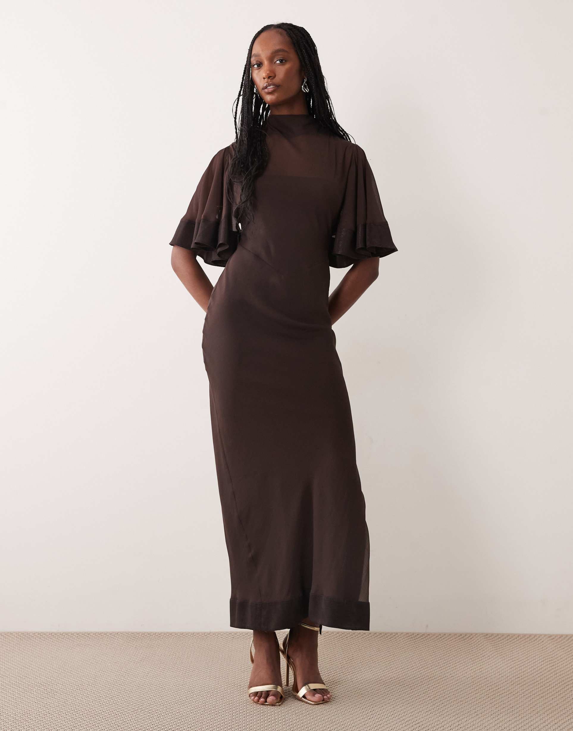 asos design tall half wide sleeve column chiffon and satin contrast dress in chocolate