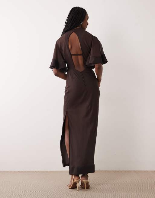 ASOS DESIGN Tall half wide sleeve column chiffon and satin contrast dress in chocolate, 3 of 4
