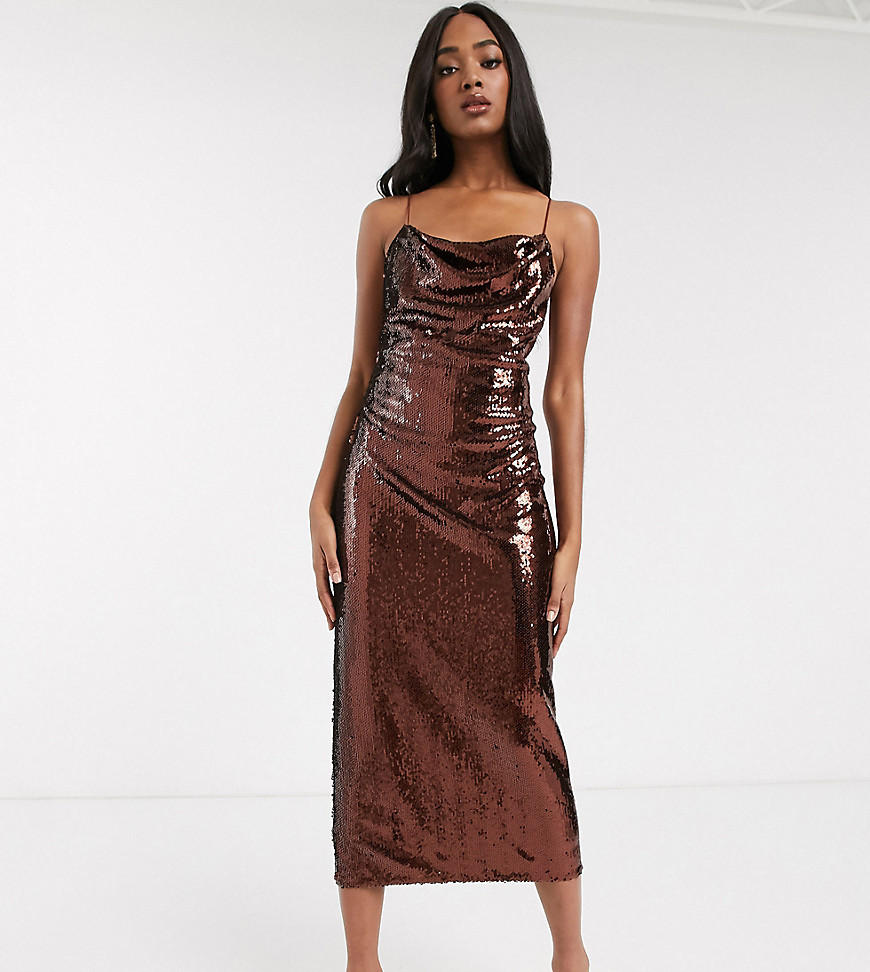 ASOS DESIGN Tall - Halflange cami-jurk met gedrapeerde halslijn en lovertjes-Bruin