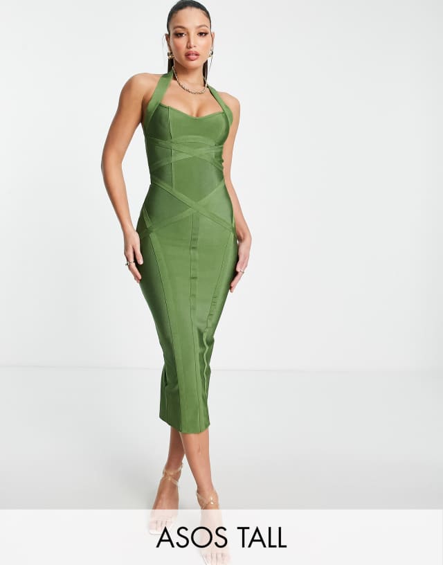 ASOS DESIGN Tall halter bandage seamed midi dress in khaki