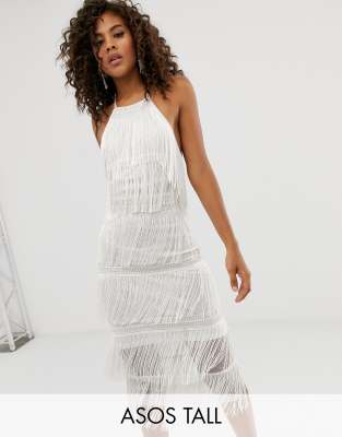 white fringe halter dress