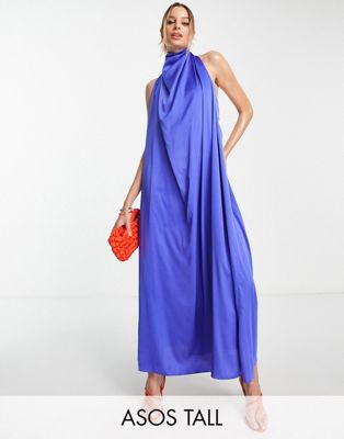ASOS DESIGN Tall halter drape satin maxi dress in blue