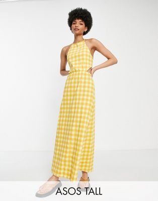 ASOS DESIGN Tall halter maxi dress with open back in yellow gingham