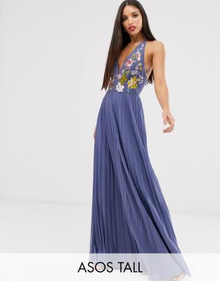 asos design tall halter pleated waisted maxi dress