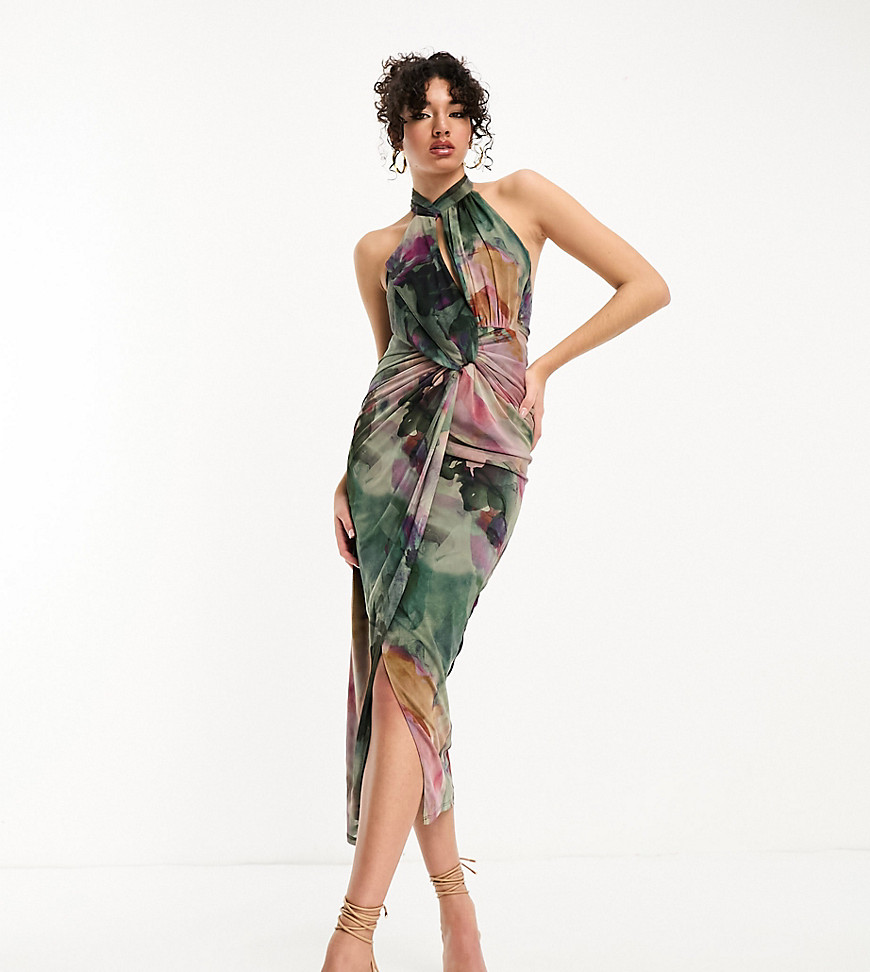 Asos Tall Asos Design Tall Halter Neck Bodycon Mesh Midi Dress In Green Floral Print-multi