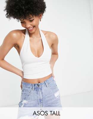 ASOS DESIGN crop top with halter neck in white