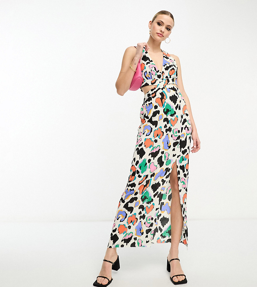 ASOS DESIGN Tall halter neck cut out midi dress in coloured print-Multi