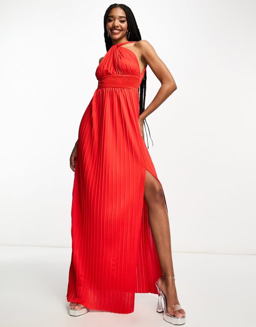 ASOS DESIGN Tall halter neck grecian pleated skirt maxi dress in red ASOS