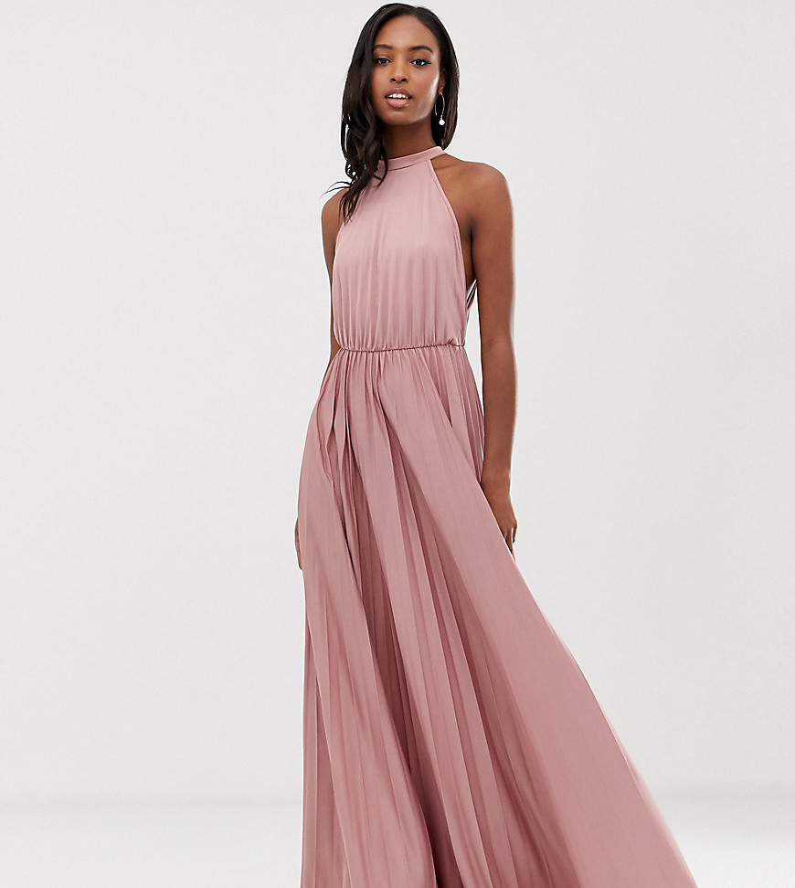 ASOS DESIGN Tall Halter Pleated Waist Maxi Dress in rose-Pink