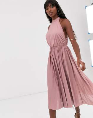 pleated halter midi dress