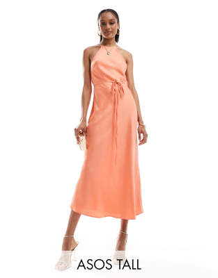 ASOS DESIGN Tall halter racer maxi dress with tie waist and cut out sides in coral-Pink