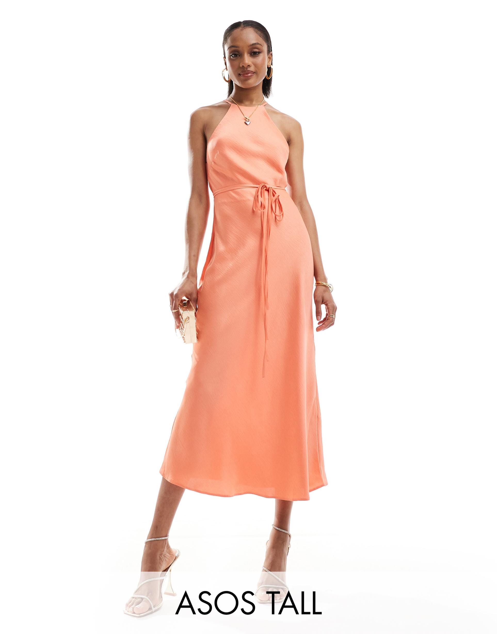 asos design tall halter racer maxi dress with tie waist and cut out sides in coral