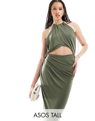 ASOS DESIGN Tall halter ruched midi dress with central cut out detail in soft khaki-Green