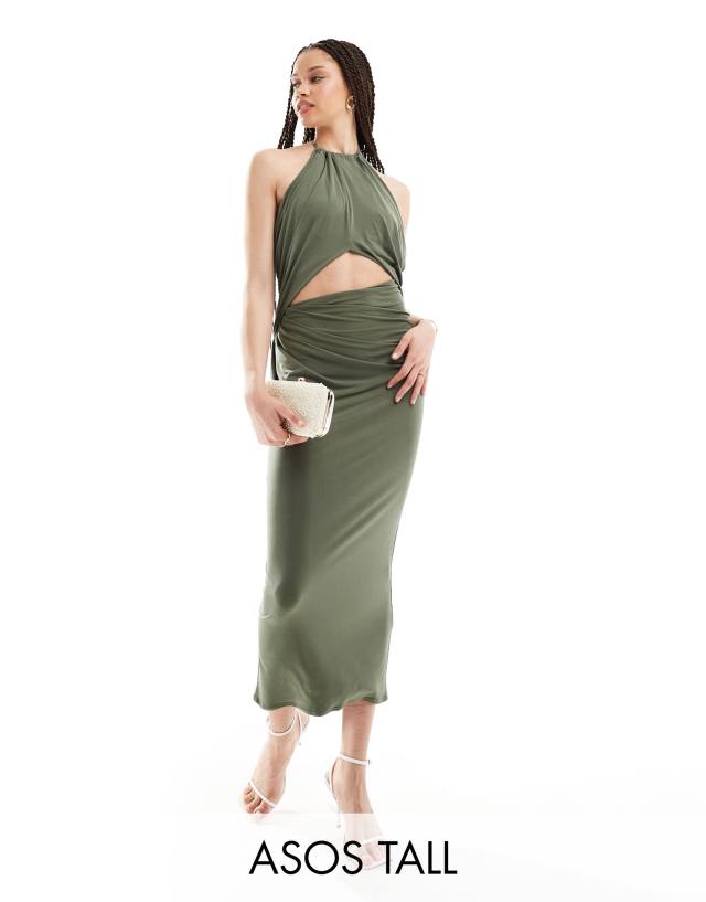 ASOS Tall - ASOS DESIGN Tall halter ruched midi dress with central cut out detail in soft khaki