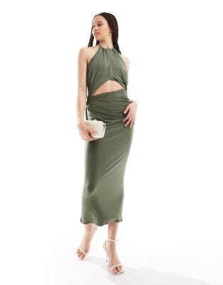 asos design tall halter ruched midi dress with central cut out detail in soft khaki
