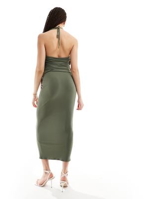 asos design tall halter ruched midi dress with central cut out detail in soft khaki