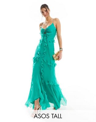ASOS DESIGN Tall halter ruffle maxi dress with cut out detail in green - ASOS Price Checker