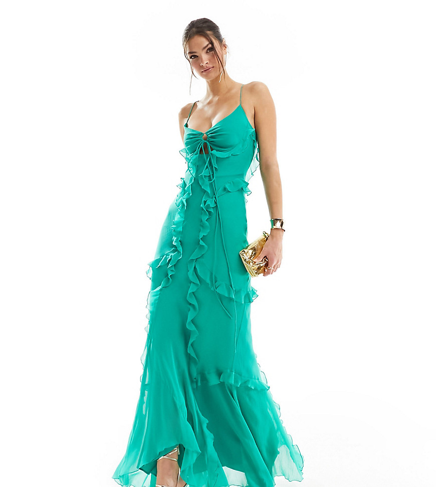 ASOS DESIGN Tall halter ruffle maxi dress with cut out detail in green
