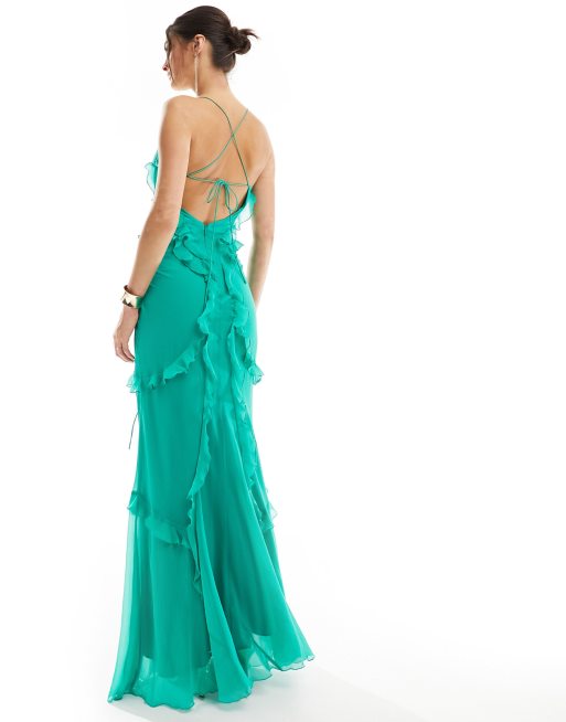 ASOS DESIGN Tall halter ruffle maxi dress with cut out detail in green ASOS